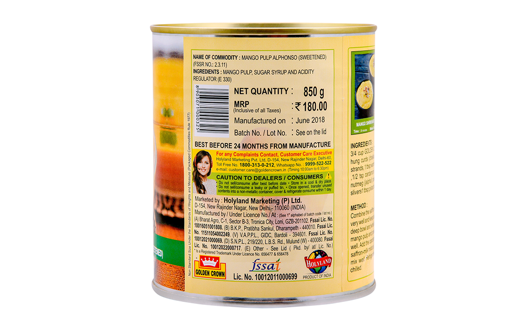 Golden Crown Mango Pulp Alphonso (Sweetened)    Tin  850 grams